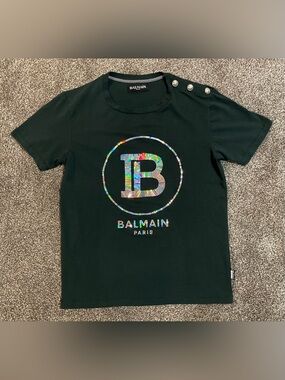 Balmain Dark Green Tee with Holographic Logo & Shoulder Buttons